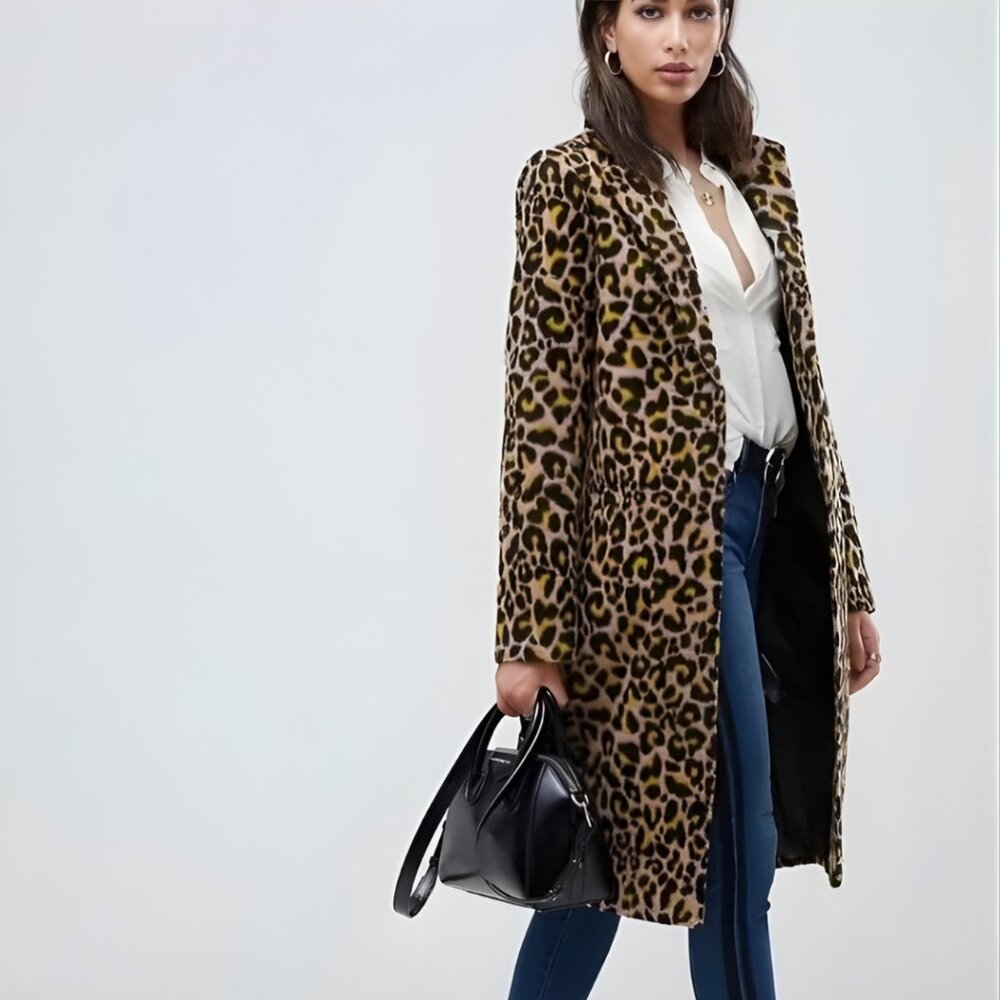 ASOS Pink Black and Yellow Leopard Print Overcoat - US 4 - EUC